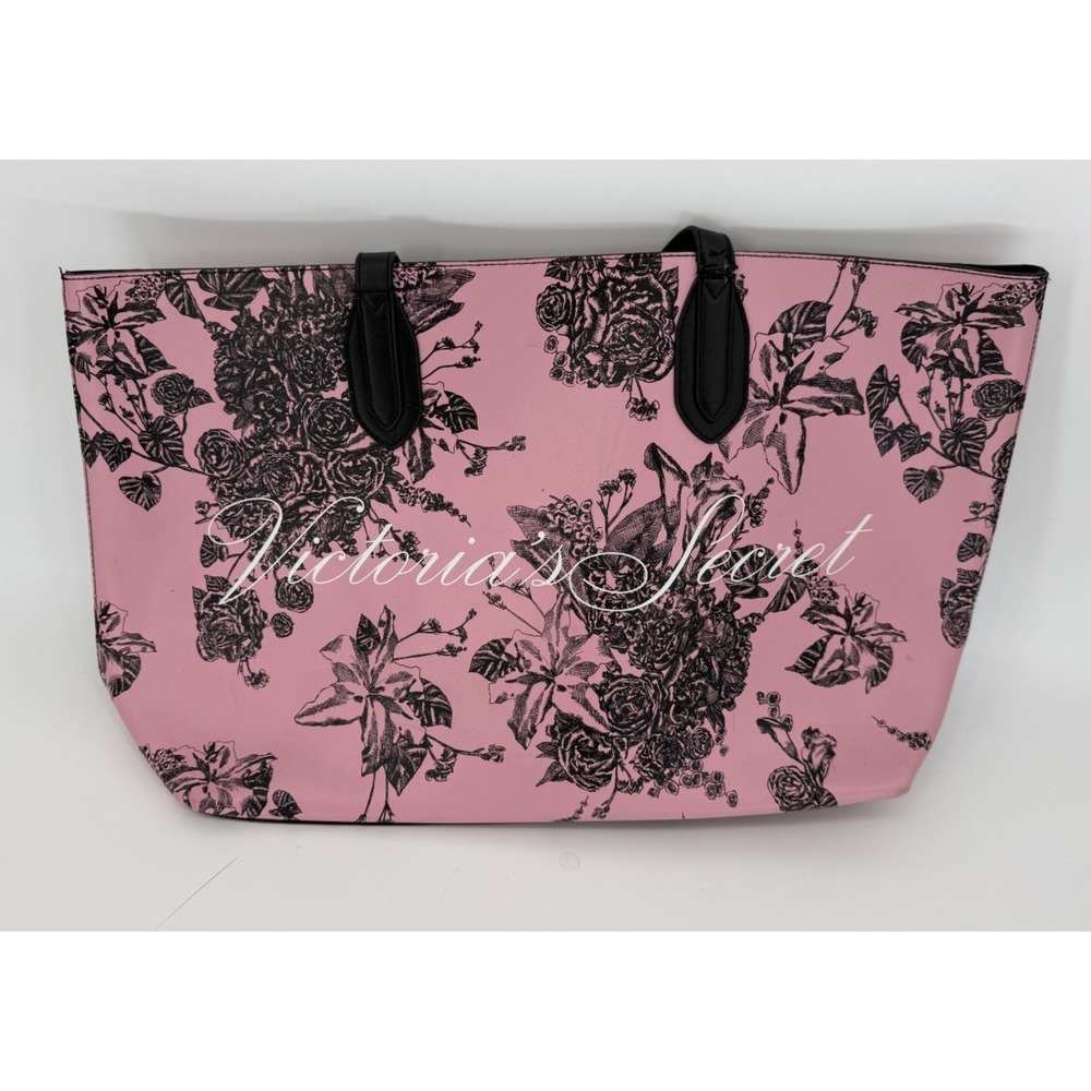 Victoria's Secret Pink Floral Tote Bag Black Print Large Carryall Shopper
